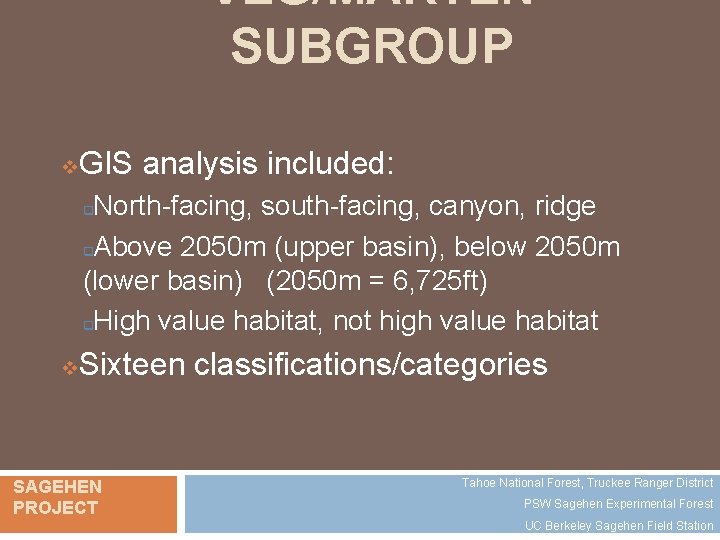 VEG/MARTEN SUBGROUP v GIS analysis included: North-facing, south-facing, canyon, ridge q. Above 2050 m