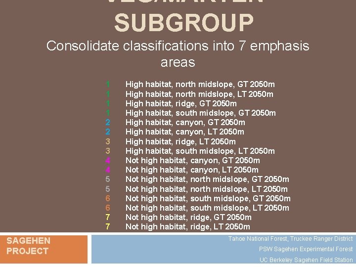 VEG/MARTEN SUBGROUP Consolidate classifications into 7 emphasis areas 1 1 2 2 3 3