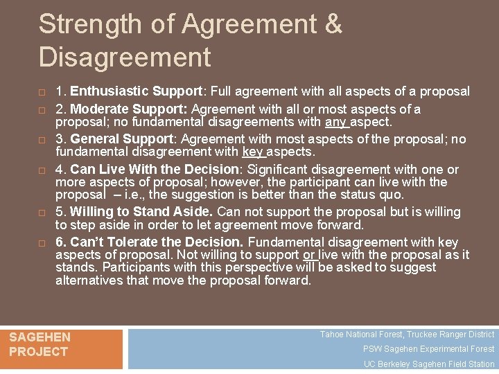 Strength of Agreement & Disagreement 1. Enthusiastic Support: Full agreement with all aspects of