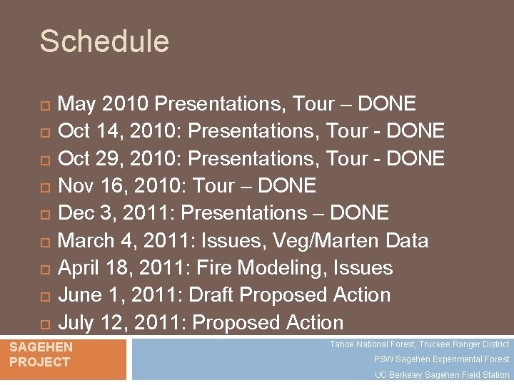 Schedule May 2010 Presentations, Tour – DONE Oct 14, 2010: Presentations, Tour - DONE