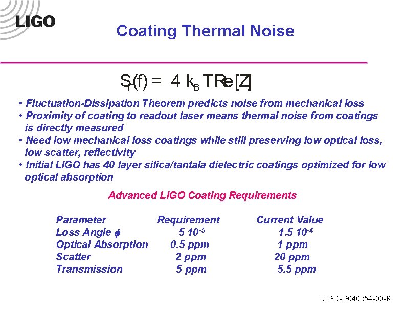 Coating Thermal Noise • Fluctuation-Dissipation Theorem predicts noise from mechanical loss • Proximity of