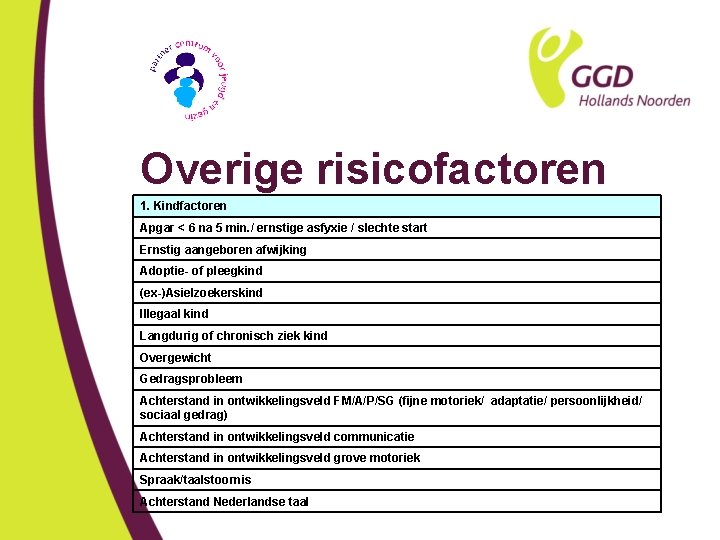 Overige risicofactoren 1. Kindfactoren Apgar < 6 na 5 min. / ernstige asfyxie /