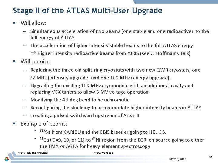 Stage II of the ATLAS Multi-User Upgrade § Will allow: – Simultaneous acceleration of