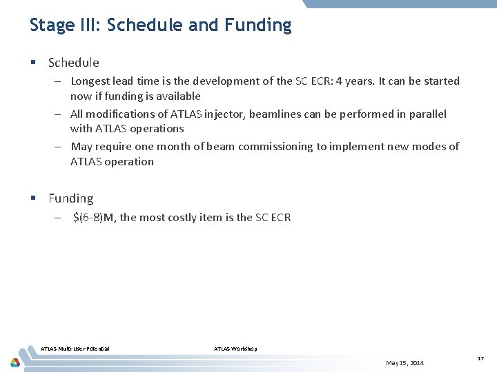 Stage III: Schedule and Funding § Schedule – Longest lead time is the development