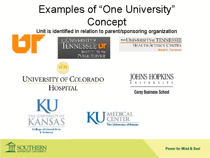 Examples of “One University” Concept Unit is identified in relation to parent/sponsoring organization 