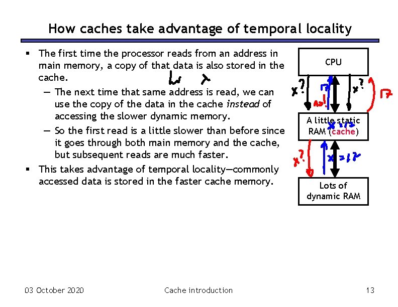 How caches take advantage of temporal locality § The first time the processor reads