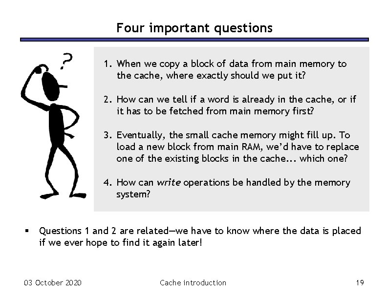 Four important questions 1. When we copy a block of data from main memory