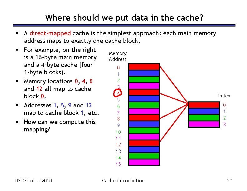 Where should we put data in the cache? § A direct-mapped cache is the