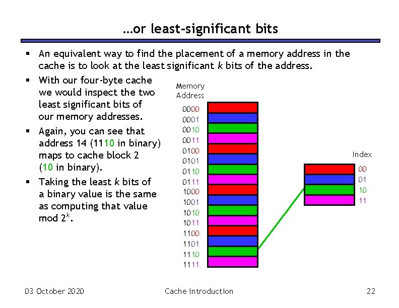 …or least-significant bits § An equivalent way to find the placement of a memory