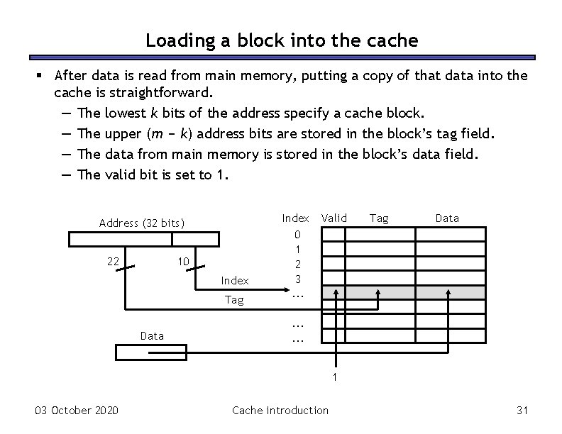 Loading a block into the cache § After data is read from main memory,