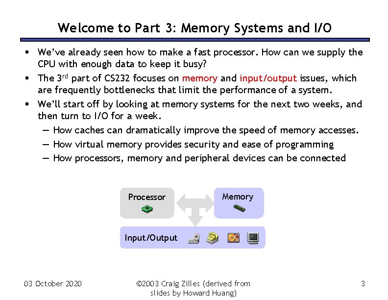 Welcome to Part 3: Memory Systems and I/O § We’ve already seen how to