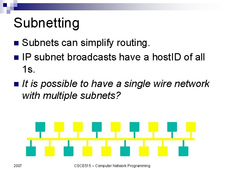 Subnetting Subnets can simplify routing. n IP subnet broadcasts have a host. ID of