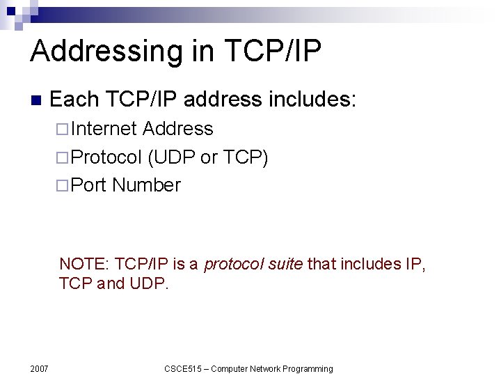 Addressing in TCP/IP n Each TCP/IP address includes: ¨ Internet Address ¨ Protocol (UDP