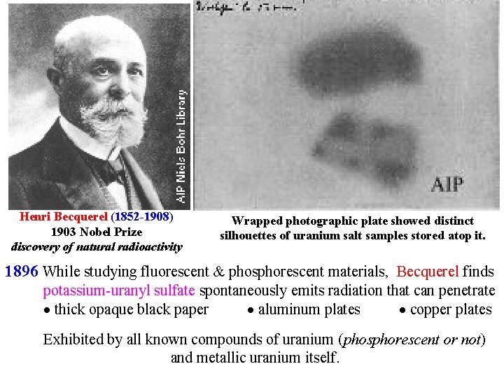 Henri Becquerel (1852 -1908) 1903 Nobel Prize discovery of natural radioactivity Wrapped photographic plate Henri Becquerel (1852 -1908) 1903 Nobel Prize discovery of natural radioactivity Wrapped photographic plate