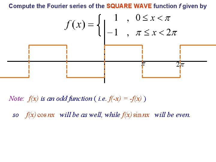 Compute the Fourier series of the SQUARE WAVE function f given by 2 Note: Compute the Fourier series of the SQUARE WAVE function f given by 2 Note: