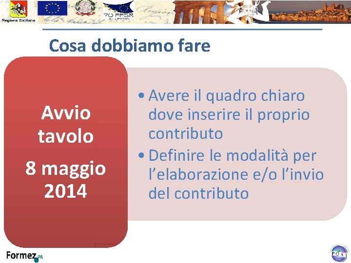 Cosa dobbiamo fare Avvio tavolo 8 maggio 2014 • Avere il quadro chiaro dove