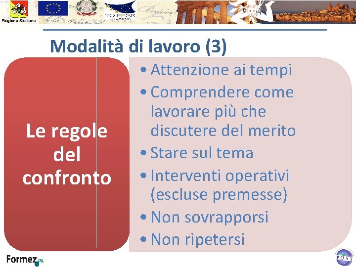 Modalità di lavoro (3) Le regole del confronto • Attenzione ai tempi • Comprendere