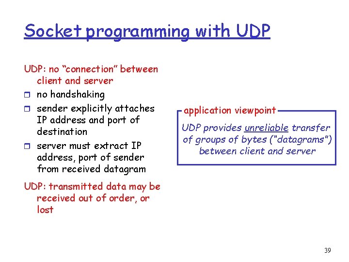 Socket programming with UDP: no “connection” between client and server r no handshaking r