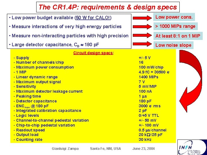 The CR 1. 4 P: requirements & design specs • Low power budget available