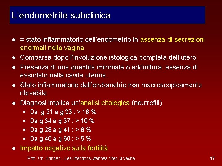 L’endometrite subclinica ● = stato infiammatorio dell’endometrio in assenza di secrezioni anormali nella vagina