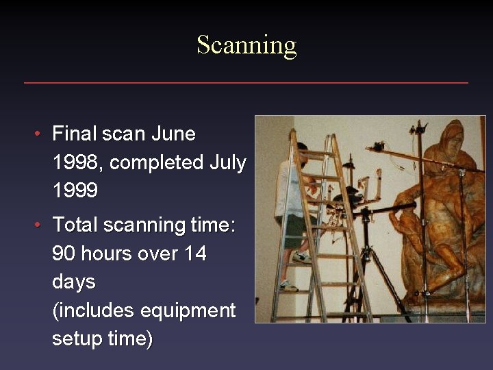 Scanning • Final scan June 1998, completed July 1999 • Total scanning time: 90