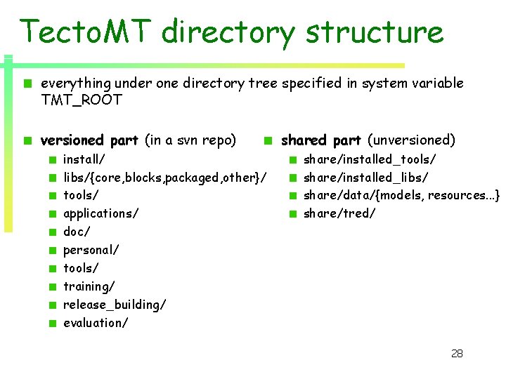 Tecto. MT directory structure everything under one directory tree specified in system variable TMT_ROOT Tecto. MT directory structure everything under one directory tree specified in system variable TMT_ROOT