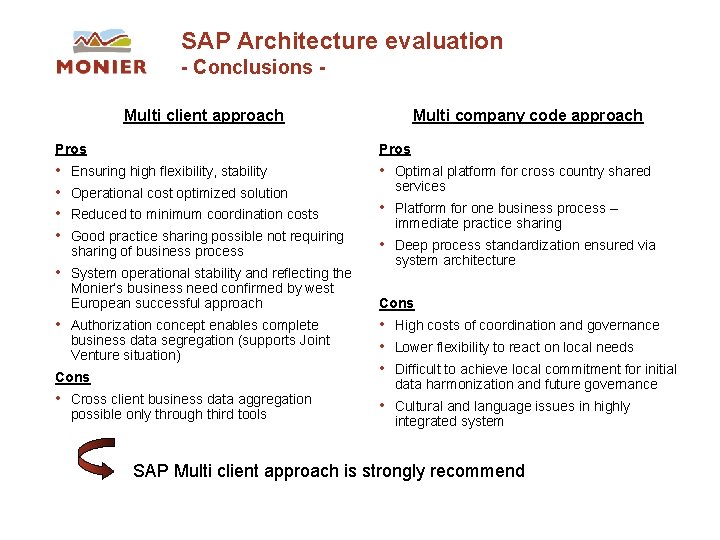 SAP Architecture evaluation - Conclusions Multi client approach Multi company code approach Pros • SAP Architecture evaluation - Conclusions Multi client approach Multi company code approach Pros •
