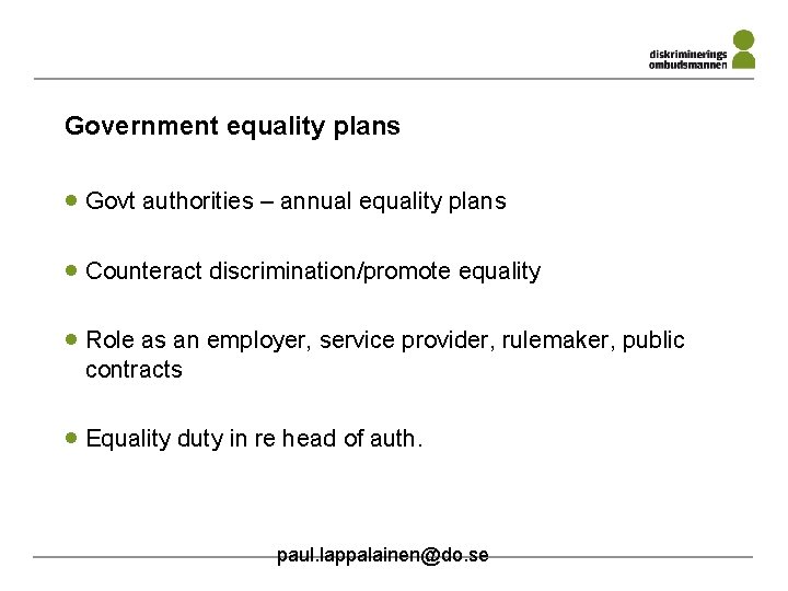 Government equality plans · Govt authorities – annual equality plans · Counteract discrimination/promote equality