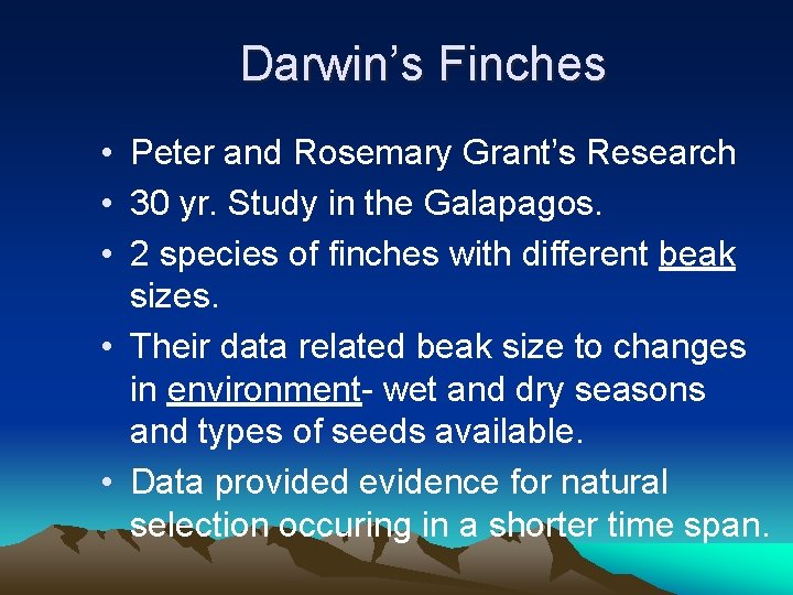 Darwin’s Finches • Peter and Rosemary Grant’s Research • 30 yr. Study in the