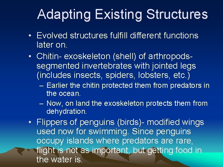 Adapting Existing Structures • Evolved structures fulfill different functions later on. • Chitin- exoskeleton