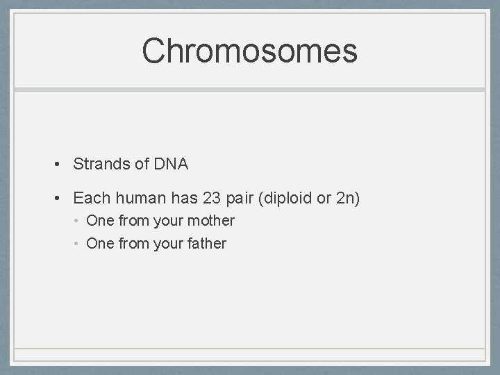 Chromosomes • Strands of DNA • Each human has 23 pair (diploid or 2