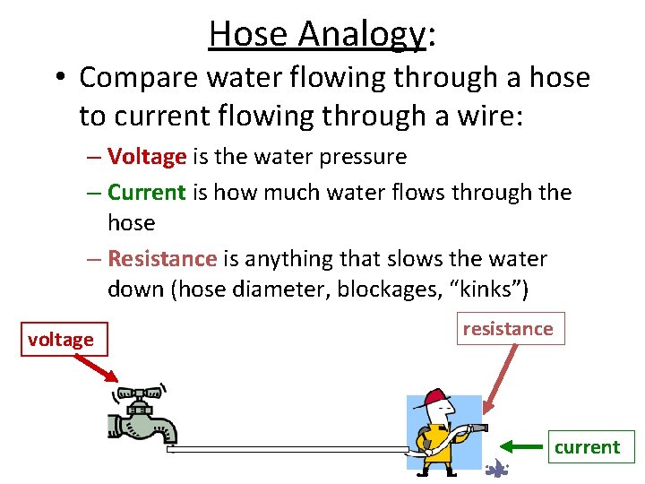 Hose Analogy: • Compare water flowing through a hose to current flowing through a Hose Analogy: • Compare water flowing through a hose to current flowing through a