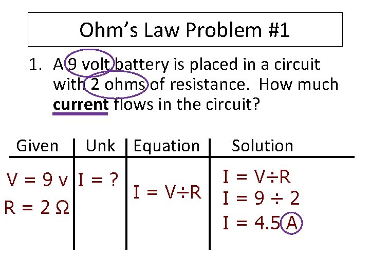 Ohm’s Law Problem #1 1. A 9 volt battery is placed in a circuit Ohm’s Law Problem #1 1. A 9 volt battery is placed in a circuit
