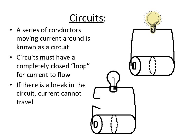Circuits: • A series of conductors moving current around is known as a circuit Circuits: • A series of conductors moving current around is known as a circuit