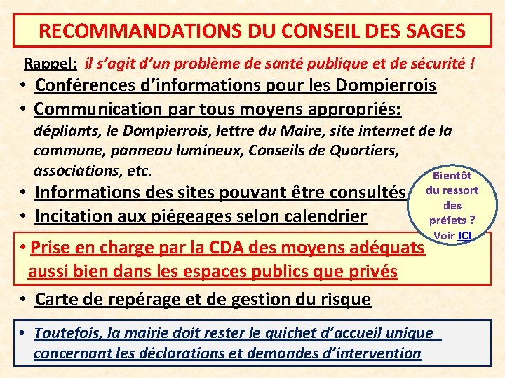 RECOMMANDATIONS DU CONSEIL DES SAGES Rappel: il s’agit d’un problème de santé publique et