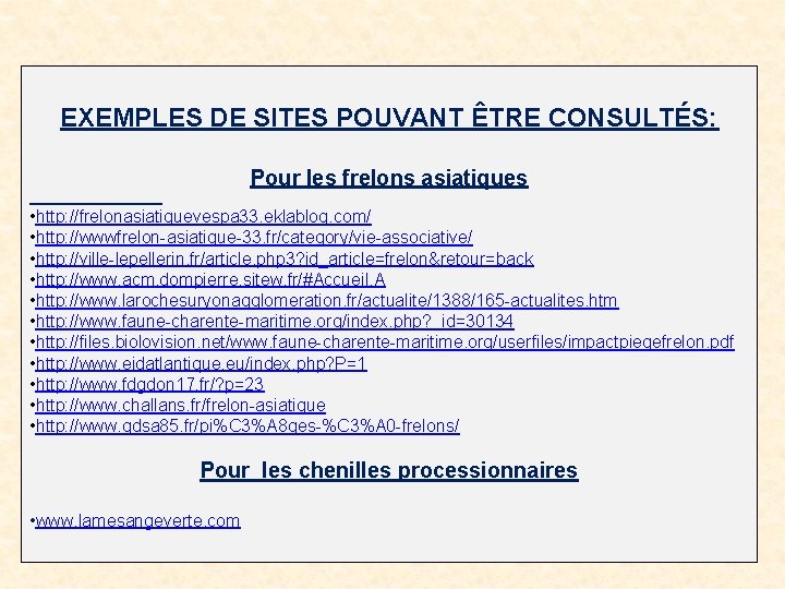 EXEMPLES DE SITES POUVANT ÊTRE CONSULTÉS: Pour les frelons asiatiques • http: //frelonasiatiquevespa 33.