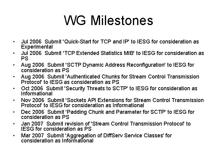 WG Milestones • • • Jul 2006 Submit 'Quick-Start for TCP and IP' to
