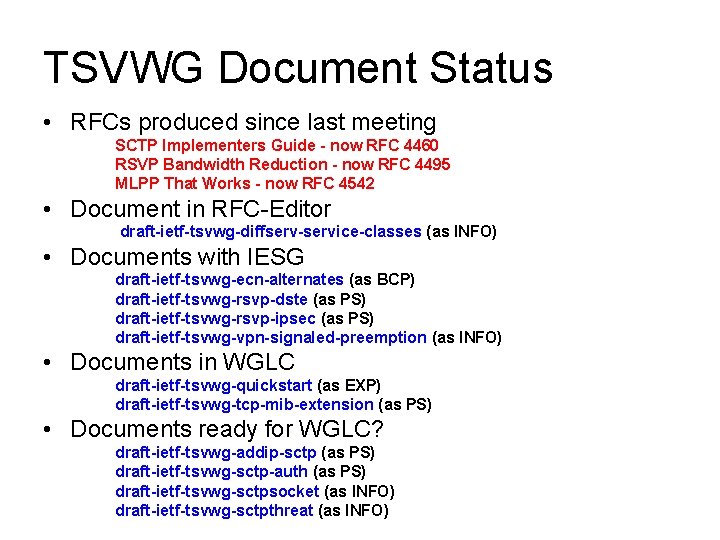 TSVWG Document Status • RFCs produced since last meeting SCTP Implementers Guide - now