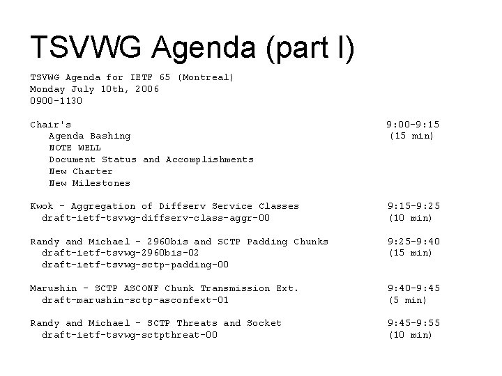 TSVWG Agenda (part I) TSVWG Agenda for IETF 65 (Montreal) Monday July 10 th,