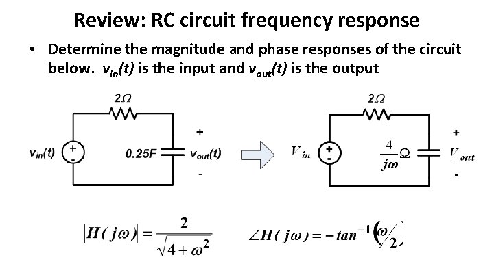 Review: RC circuit frequency response • Determine the magnitude and phase responses of the