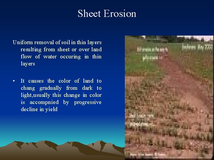 Sheet Erosion Uniform removal of soil in thin layers resulting from sheet or over