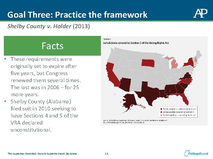 Goal Three: Practice the framework Shelby County v. Holder (2013) Facts • These requirements