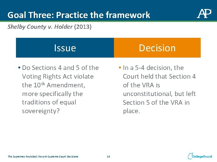 Goal Three: Practice the framework Shelby County v. Holder (2013) Issue Decision • Do