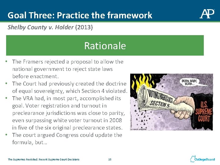 Goal Three: Practice the framework Shelby County v. Holder (2013) Rationale • The Framers