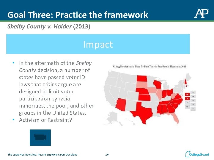 Goal Three: Practice the framework Shelby County v. Holder (2013) Impact • In the