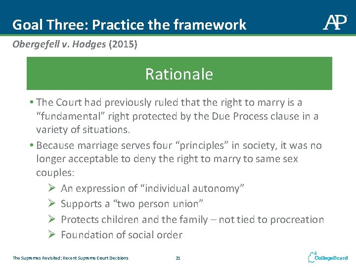 Goal Three: Practice the framework Obergefell v. Hodges (2015) Rationale • The Court had