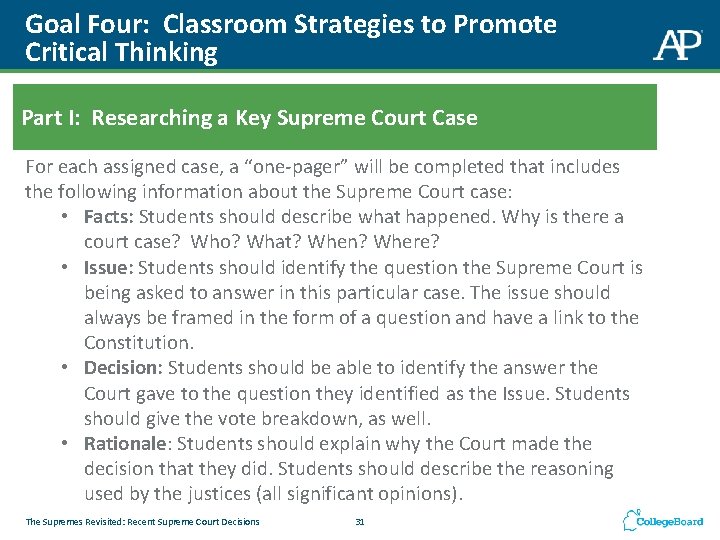 Goal Four: Classroom Strategies to Promote Critical Thinking Part I: Researching a Key Supreme