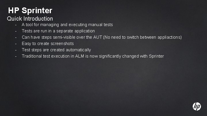 HP Sprinter Quick Introduction - 19 A tool for managing and executing manual tests