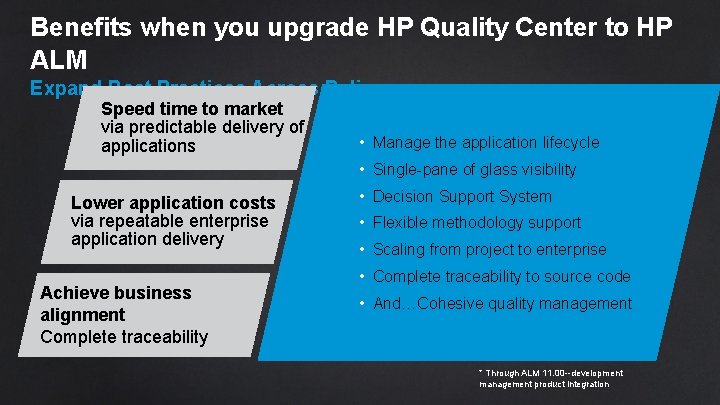 Benefits when you upgrade HP Quality Center to HP ALM Expand Best Practices Across
