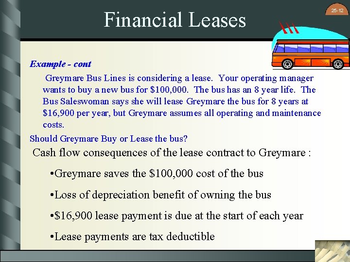 Financial Leases Example - cont Greymare Bus Lines is considering a lease. Your operating